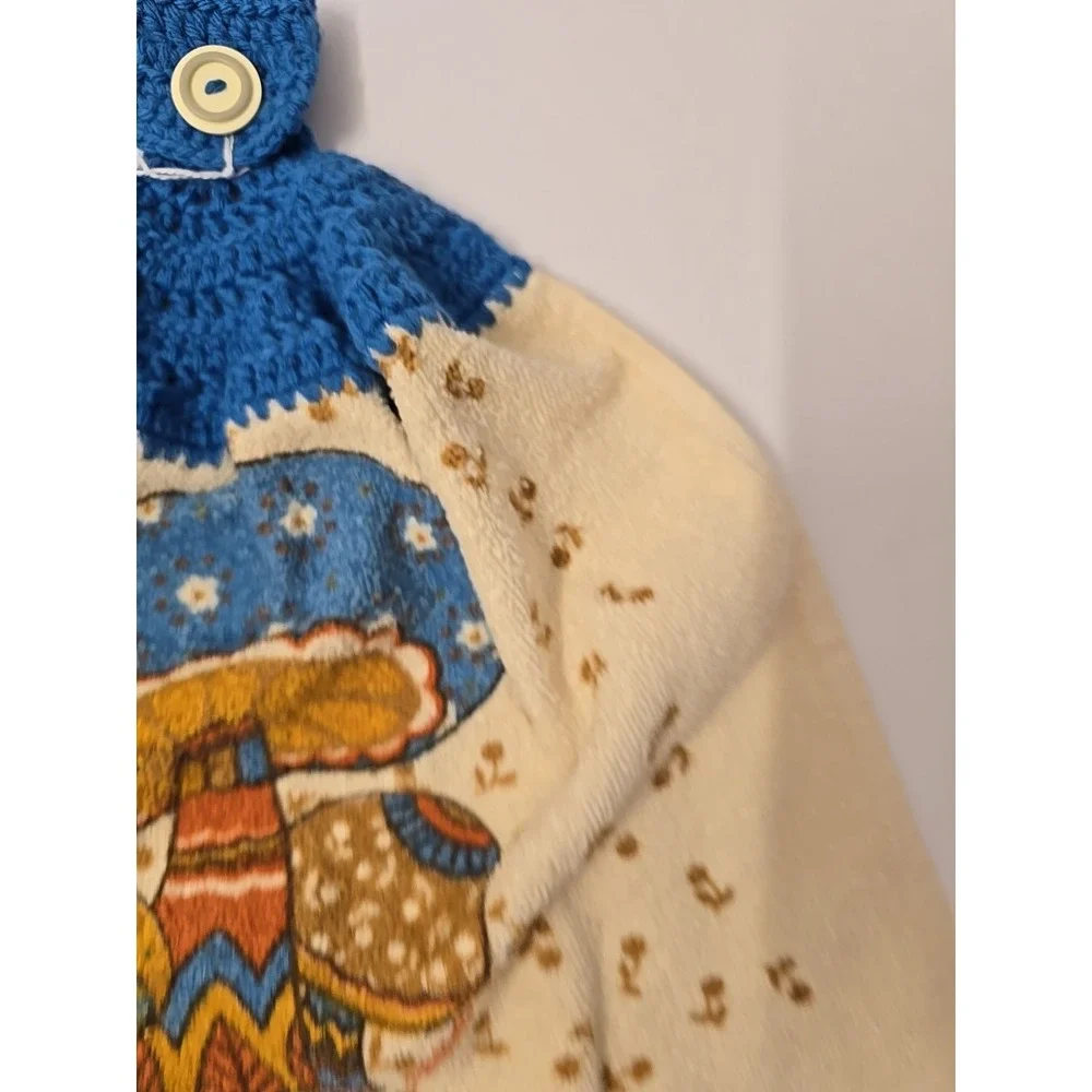 VTG Mushroom RAB Blue Crochet Hanging Dish Towel READ